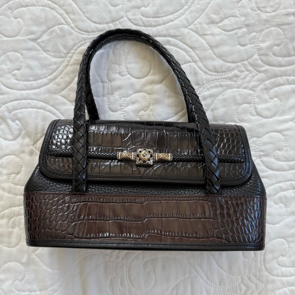 Vtg Brighton Elegant Black Brown Crocodile Brighton Leather Handbag #C782718 EUC